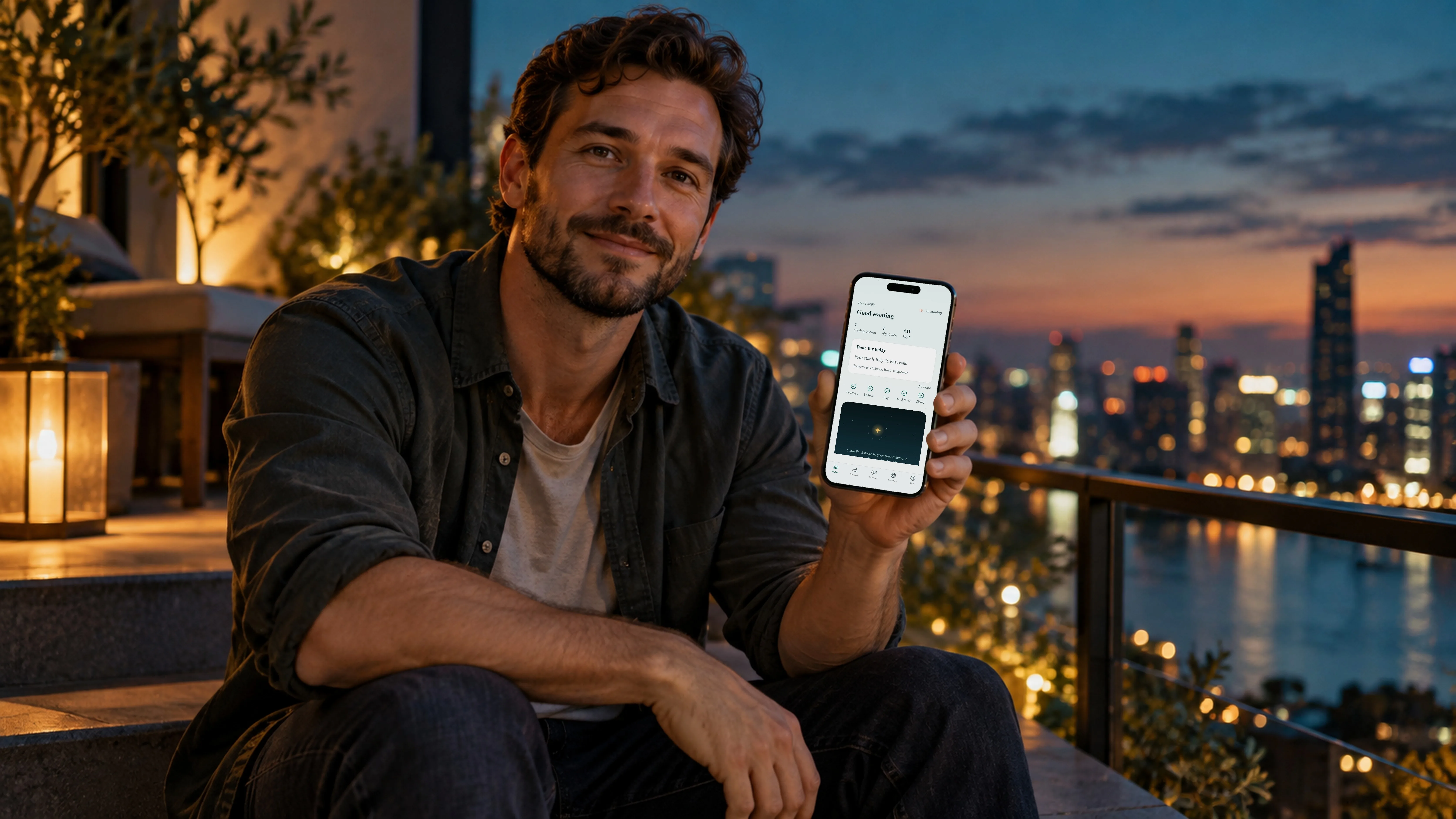 A man on a balcony at dusk, smiling, holding up his phone with Celestial open