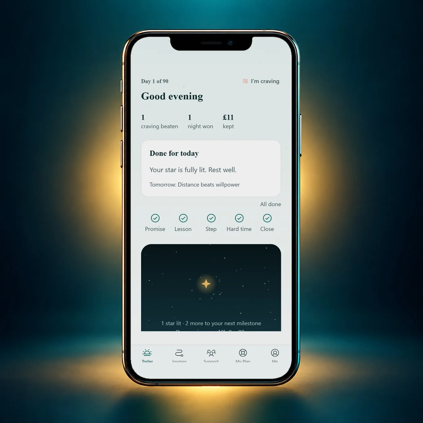 Celestial’s Today screen on an iPhone, glowing gold